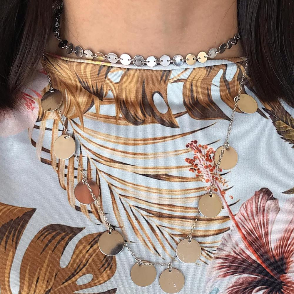 Choker moedas ródio branco minimalista