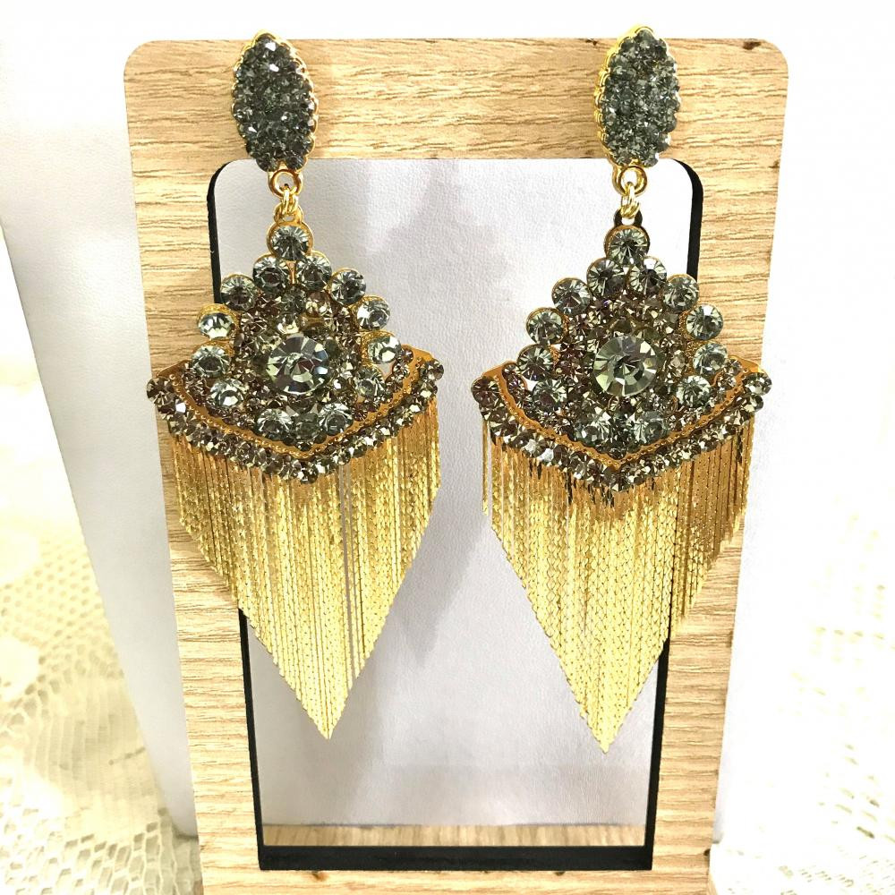 Maxi brinco de strass com franja 