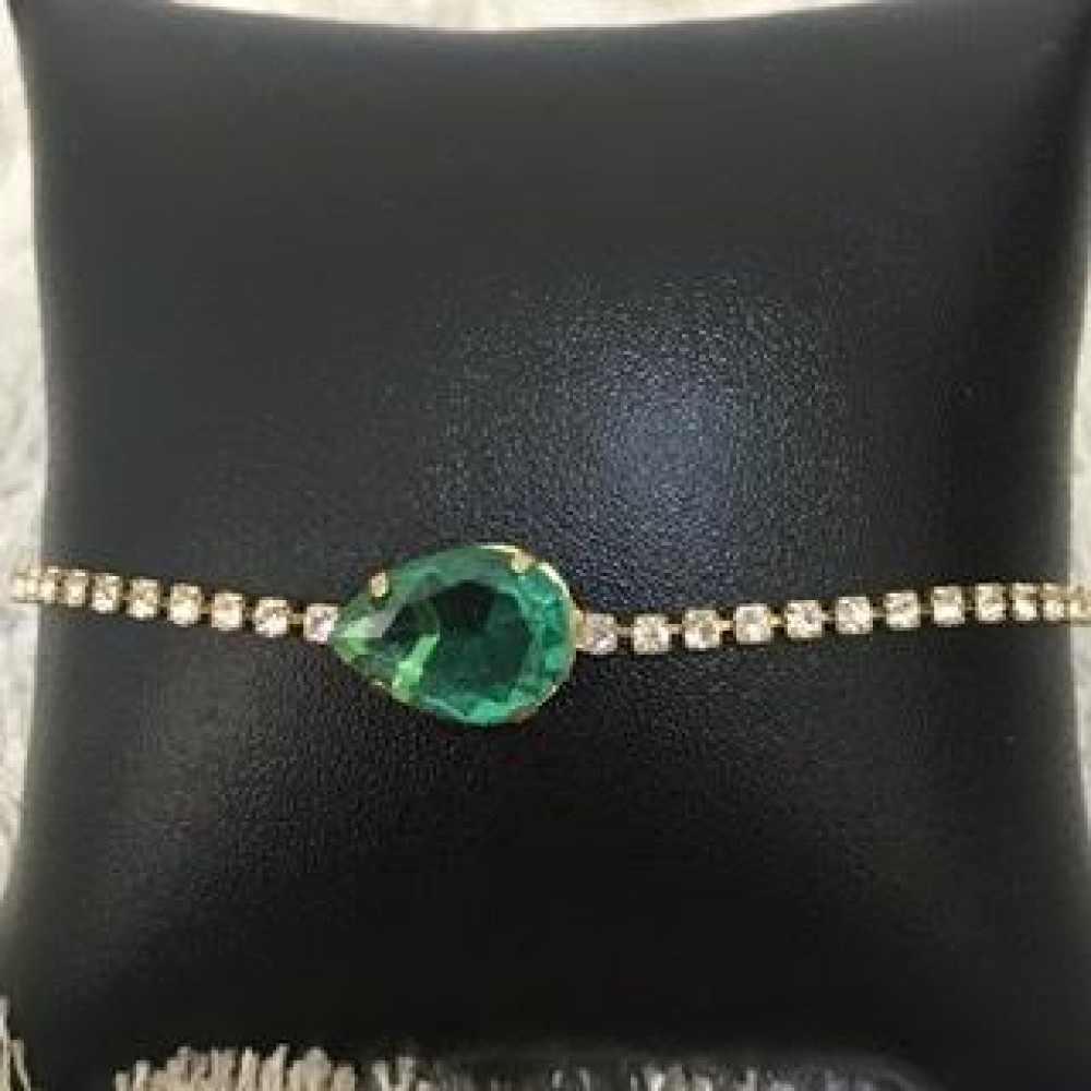 Pulseira com strass e gota zircônia esmeralda folheada a ouro 18k
