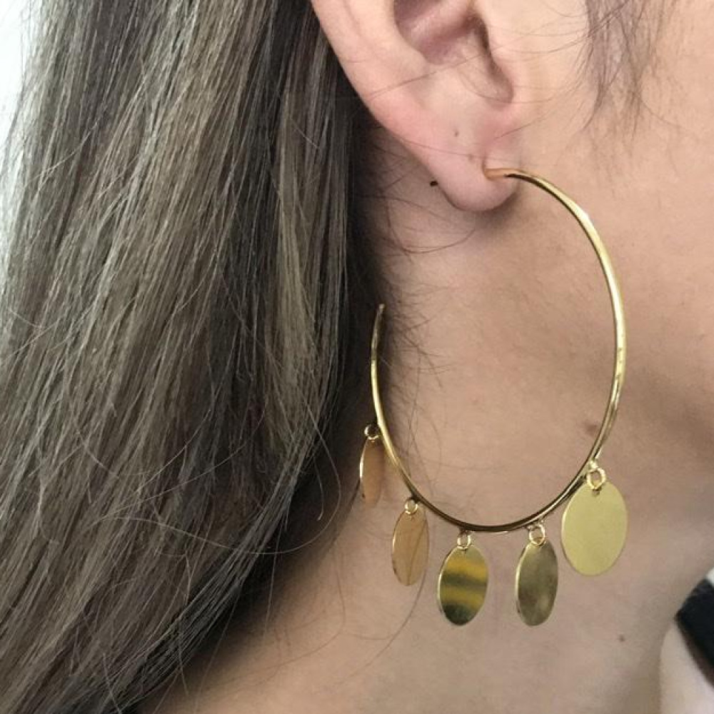 Brinco argola moedas folheado a ouro 18k