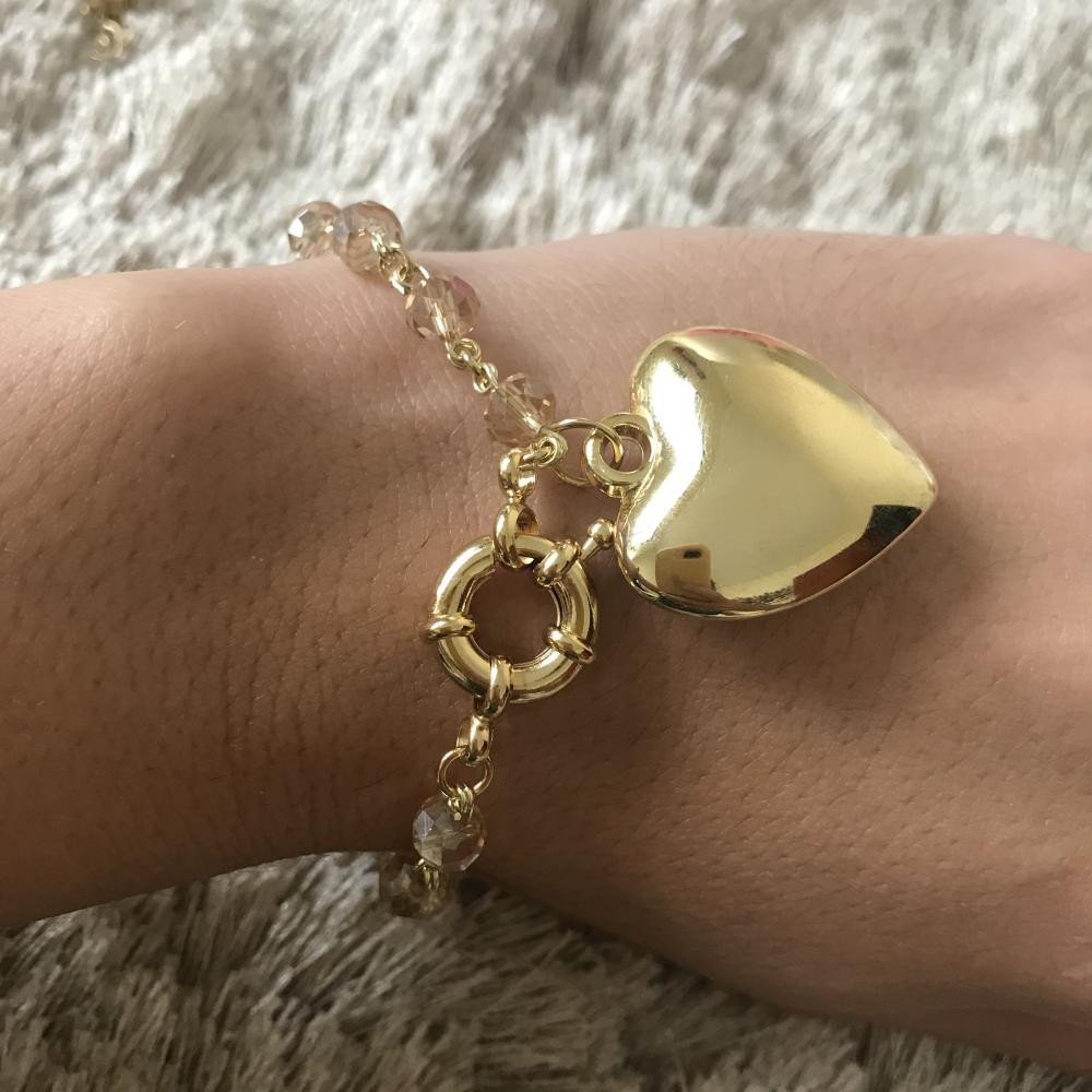 Pulseira bolinha vidro ligth color com pingente coraçao