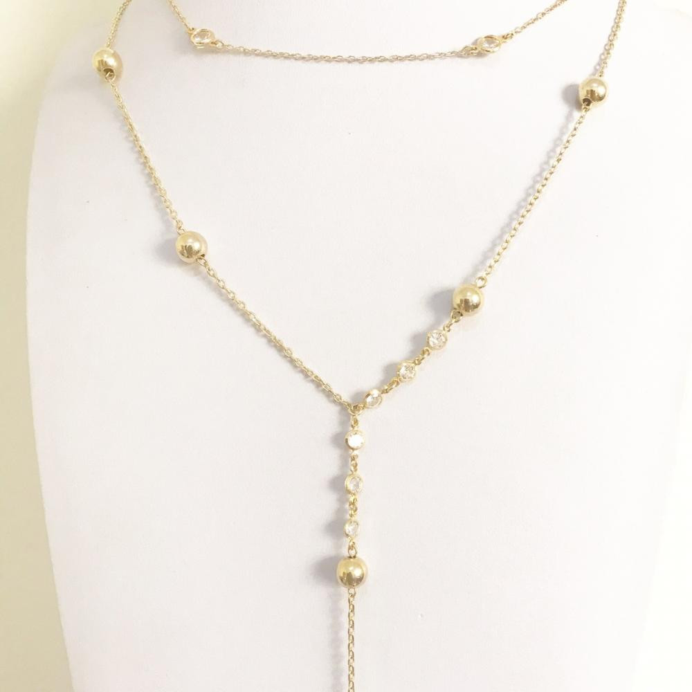 Mix de colar duplo com bola e zircônia folheado a ouro 18k