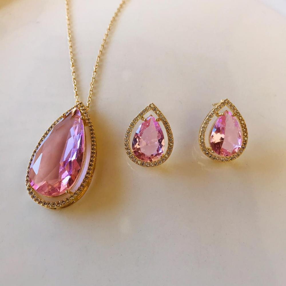 Conjunto colar e brinco com zircônia folheado a ouro 18k