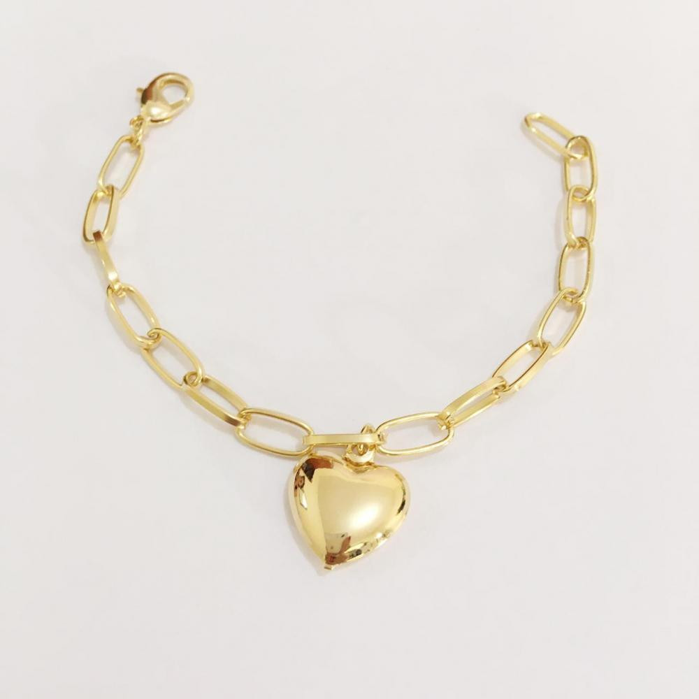 Pulseira elo com pingente de coração infantil folheada a ouro 18k