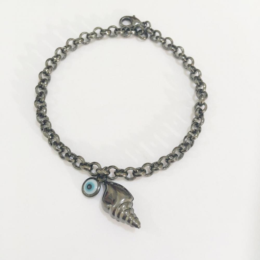 Pulseira elo com olho grego e concha ródio negro
