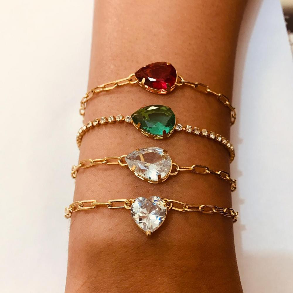 Pulseira com strass e gota zircônia esmeralda folheada a ouro 18k