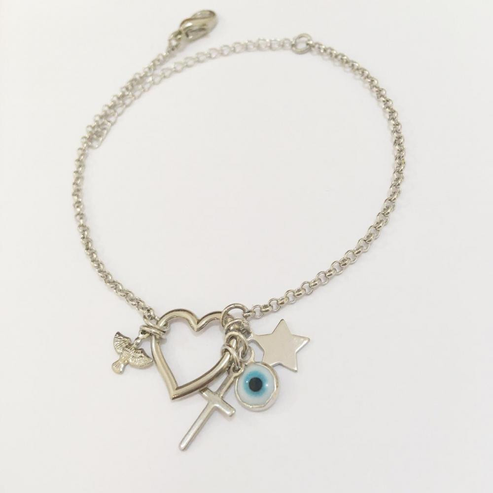 Pulseira Prata Ródio Branco com pingentes