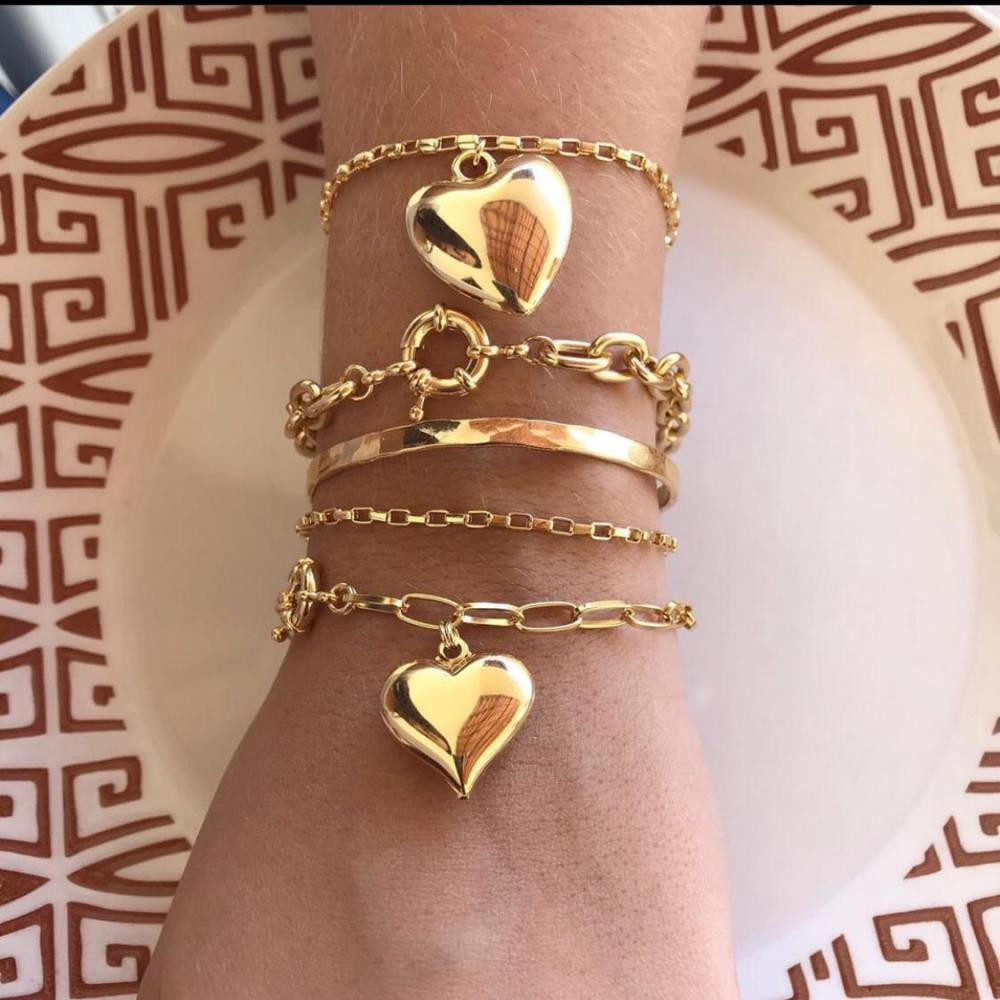 Pulseira coração com corrente cadeado folheada a ouro 18k