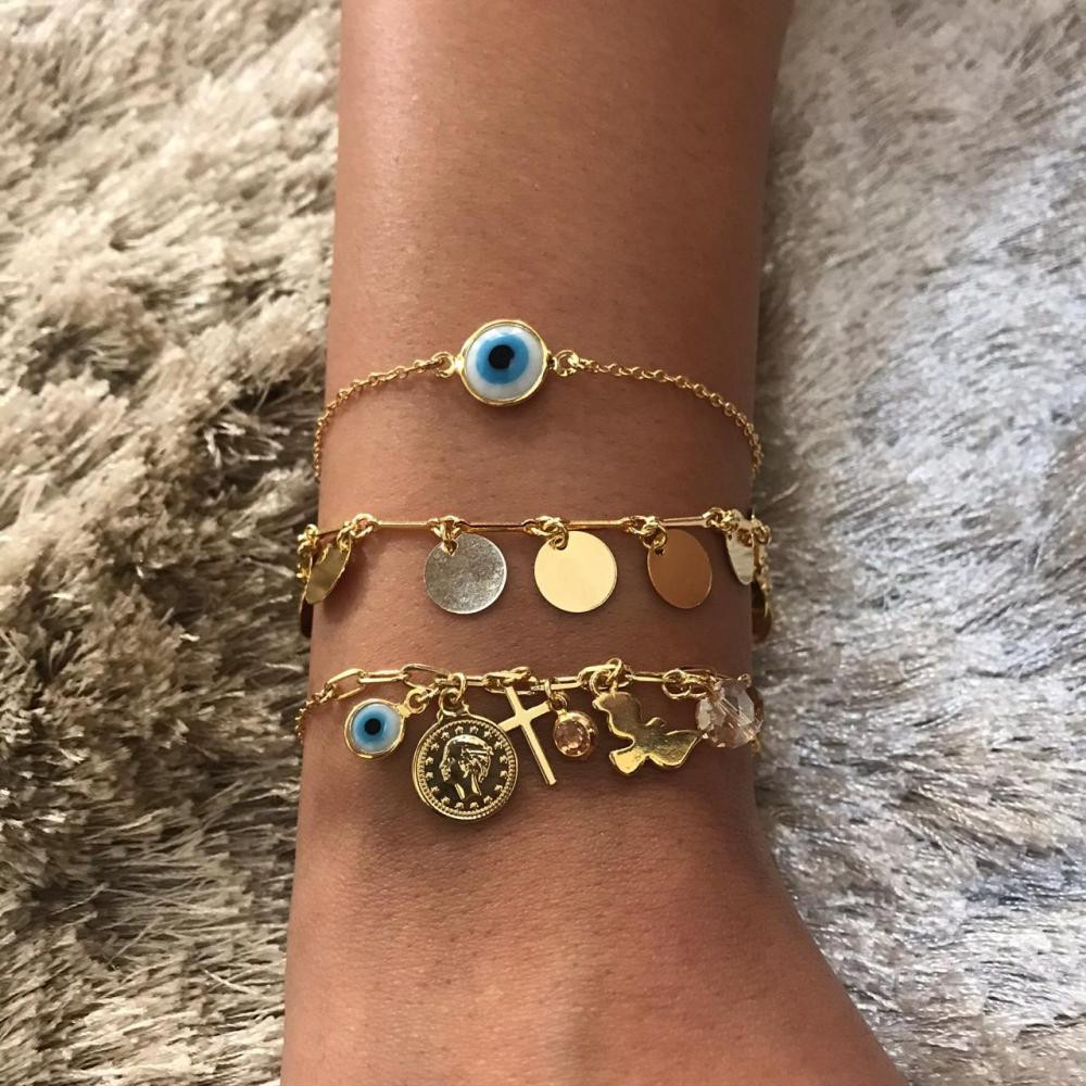 Pulseira minimalista olho grego folheada a ouro 18k