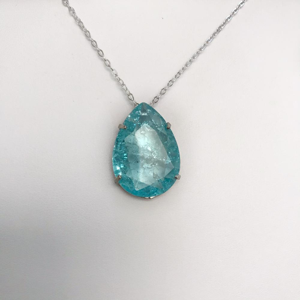 Colar longo com pingente de gota fusion aquamarine no ródio branco prata 