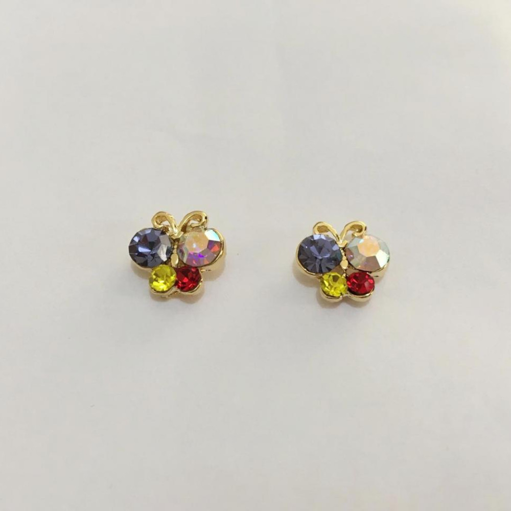 Brinco de borboleta infantil com strass colorido folheado a ouro 18k