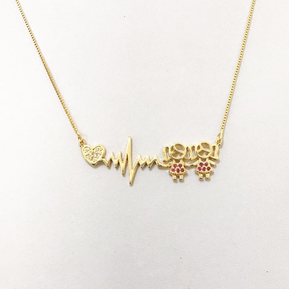 Colar Personalizado com batimentos com duas meninas Folheado a ouro 18k
