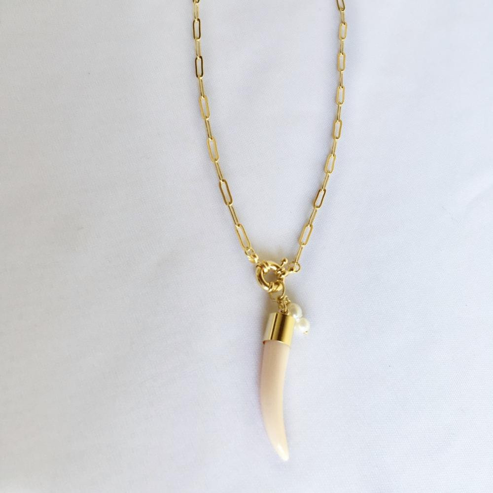 Colar com corrente cartier e pingente de dente resinado folheado a ouro 18k