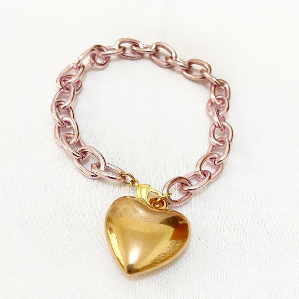 Pulseira com design de elos rosa Pink com pingente de coração folheado a ouro rose