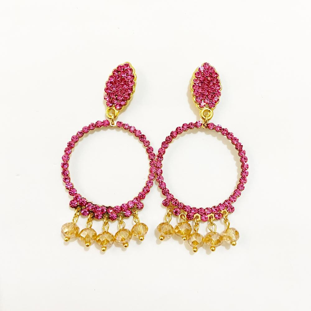 Brinco de argola com strass rose folheado a ouro 18k