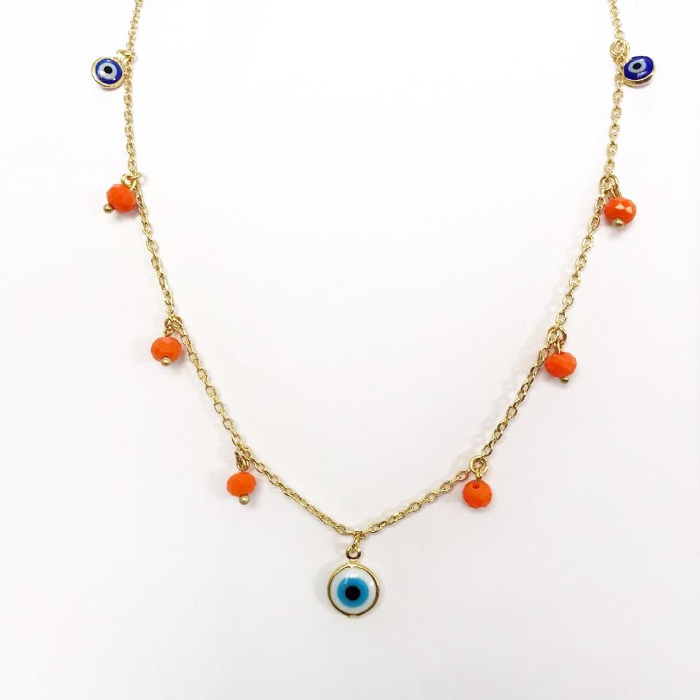 Colar longo com pedras de cristais e olho grego folhedo a ouro 18k