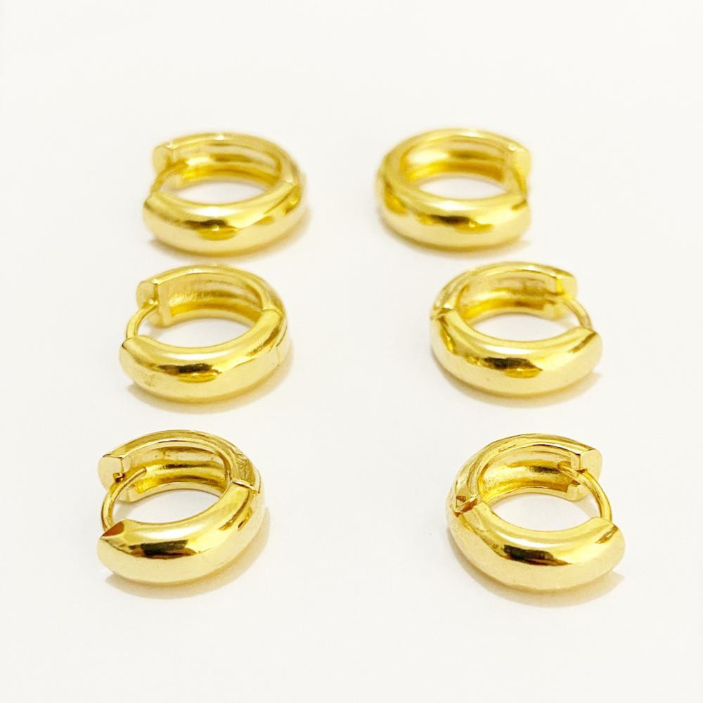 Brinco trio de argola lisa folheada a ouro 18k