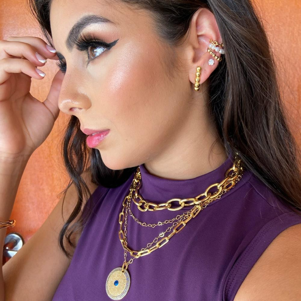 Colar com pingente de Zircônia Olho Grego com corrente de coração folheada a ouro 18k