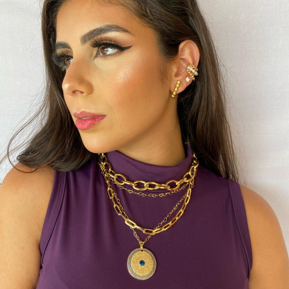 Colar com pingente de Zircônia Olho Grego com corrente de coração folheada a ouro 18k