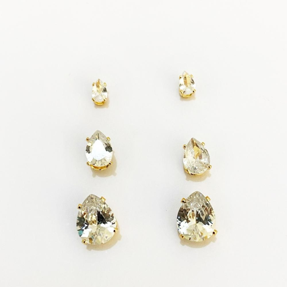 Brinco trio de gota cravejado com zircônia folheado a ouro 18k