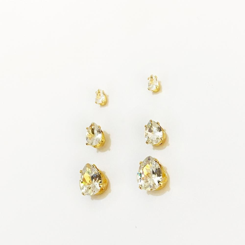 Brinco trio de gota cravejado com zircônia folheado a ouro 18k