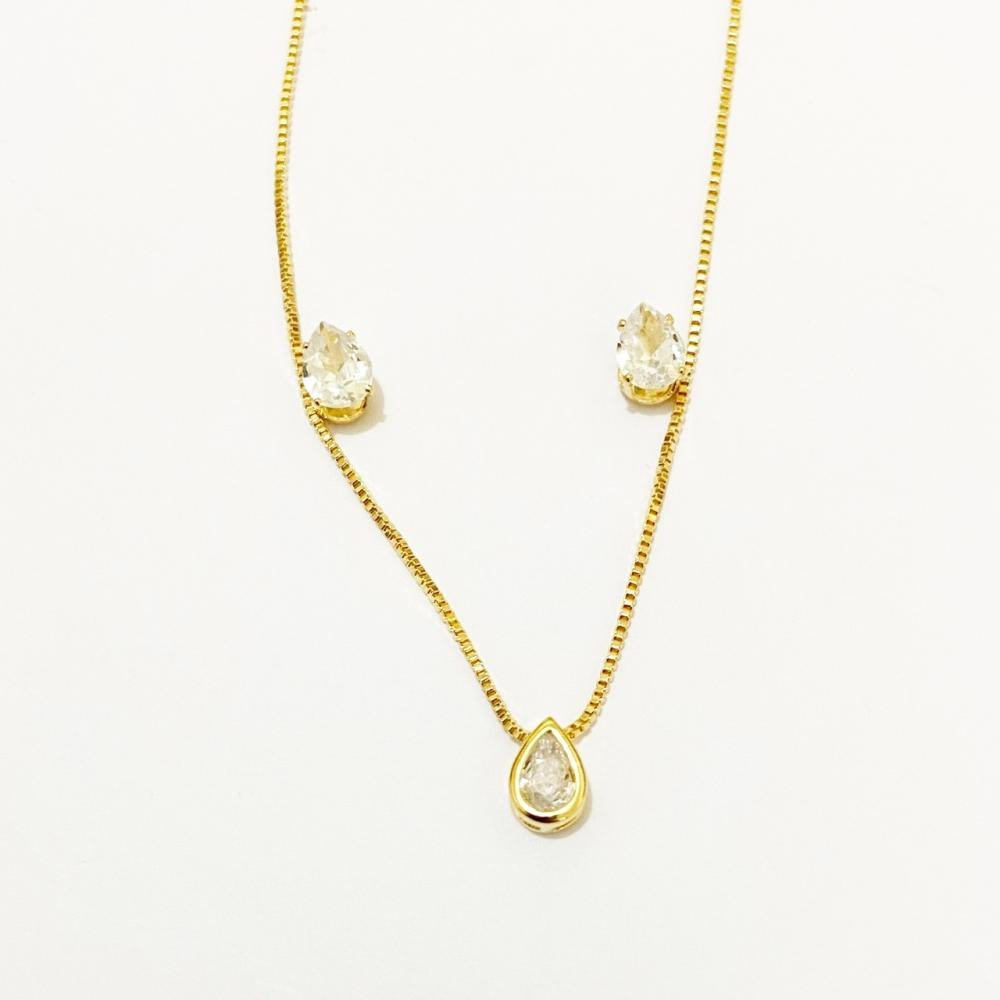 Conjunto de gota cravejado com zircônia folheado a ouro 18k
