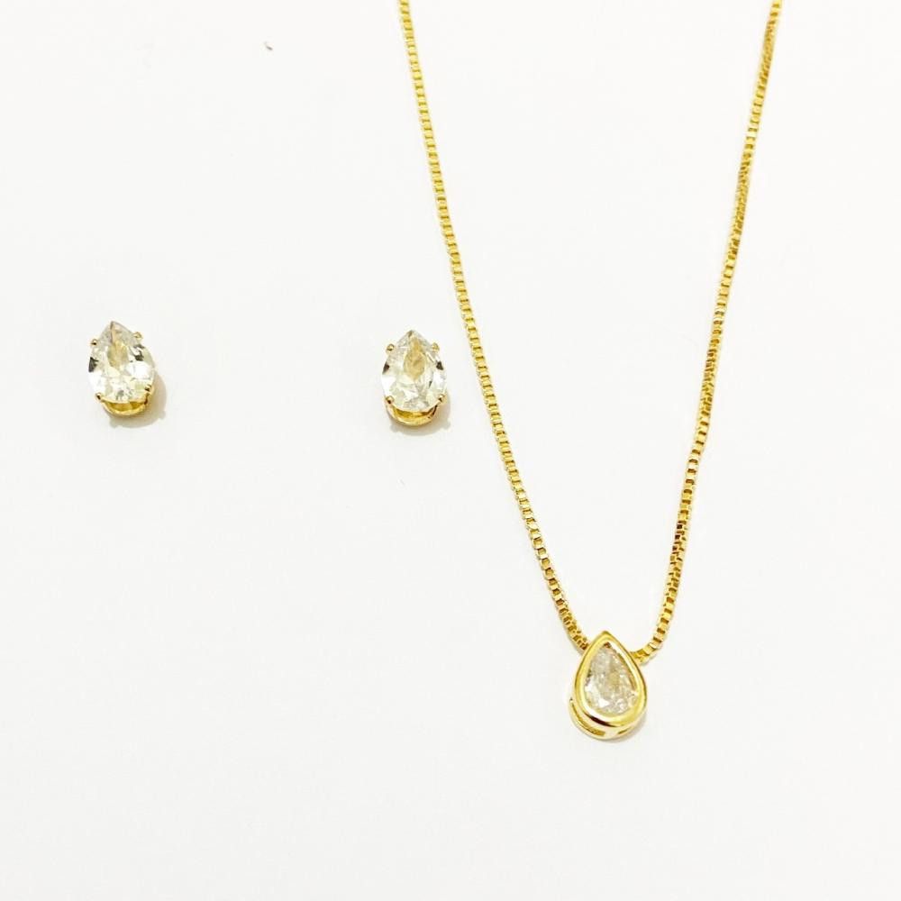 Conjunto de gota cravejado com zircônia folheado a ouro 18k