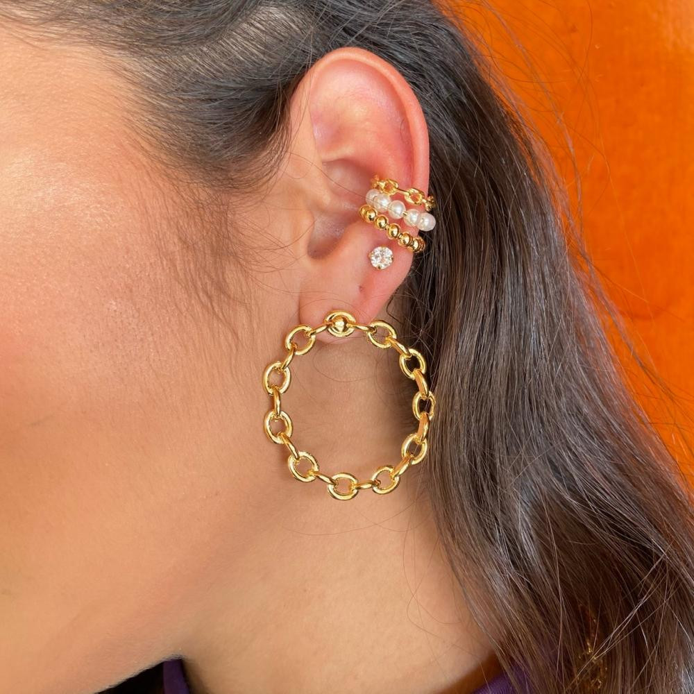 Brinco de argola redondo de elos folheado a ouro 18k