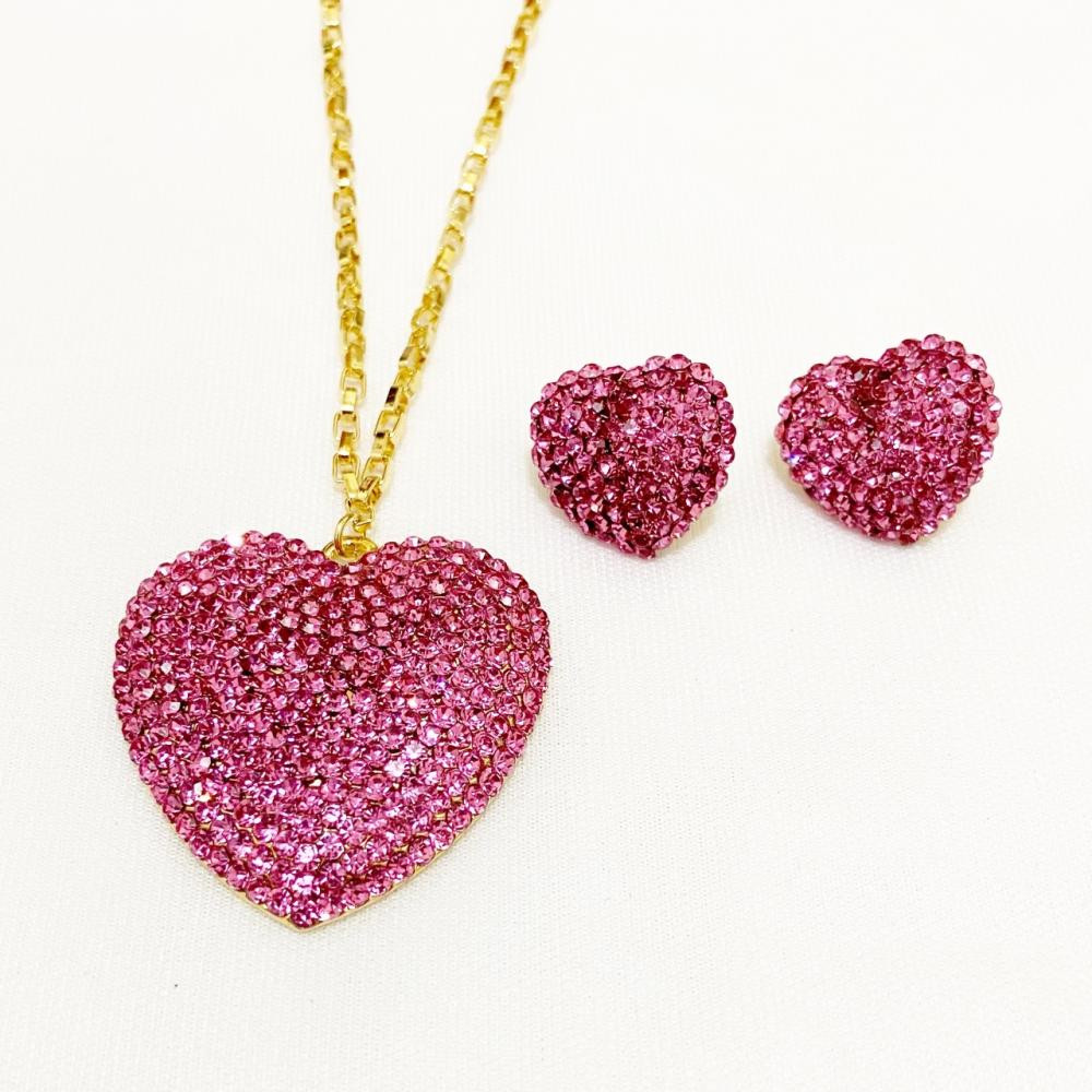 Conjunto de coração com strass rose folheado a ouro 18k