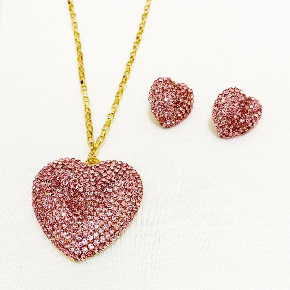 Conjunto de coração com strass light rose folheado a ouro 18k