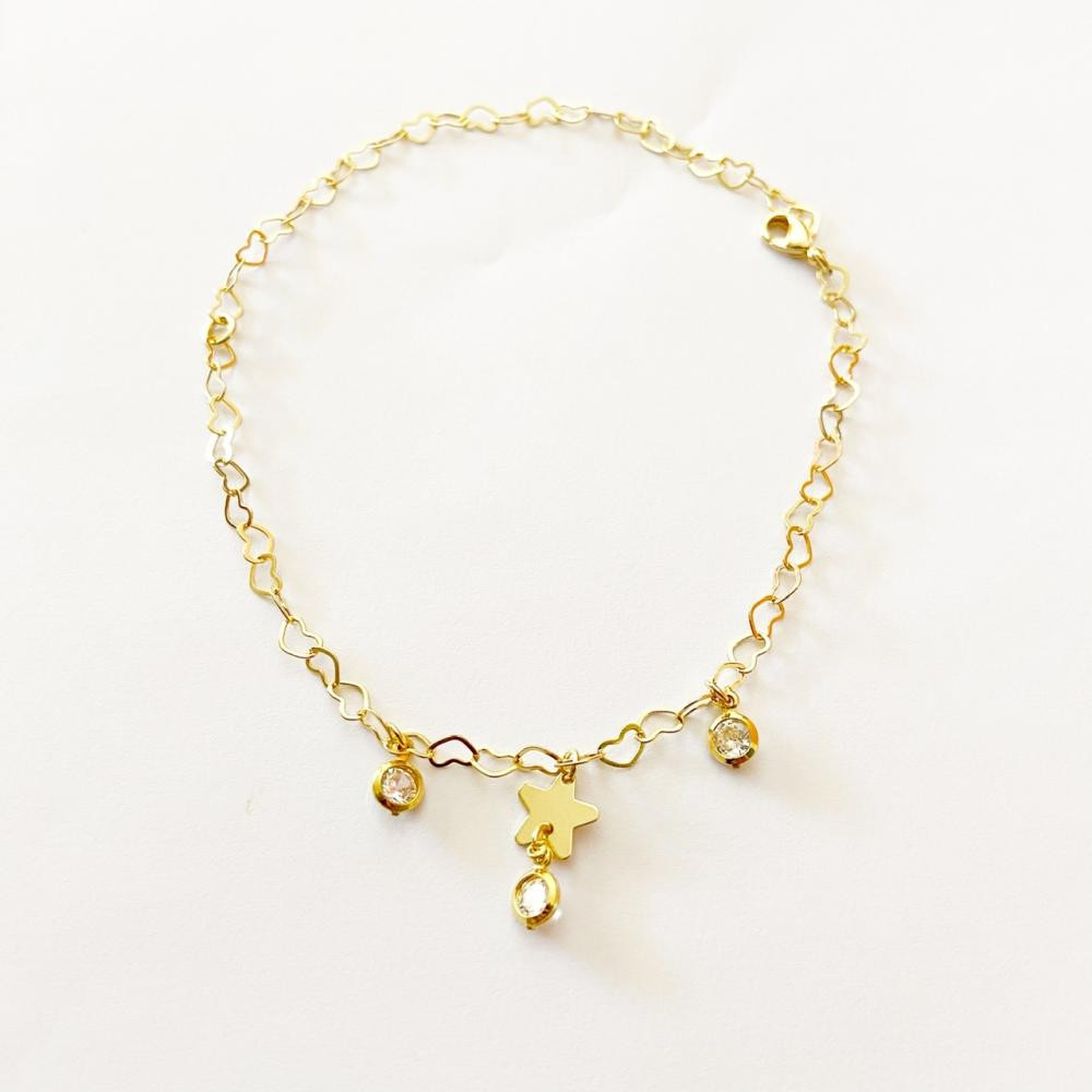 Tornozeleira com corrente de coração e pingente de strass com estrela folheada a ouro  18k