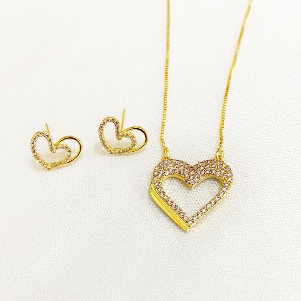 Conjunto de coração com zircônia cravejada rose folheado a ouro 18k 