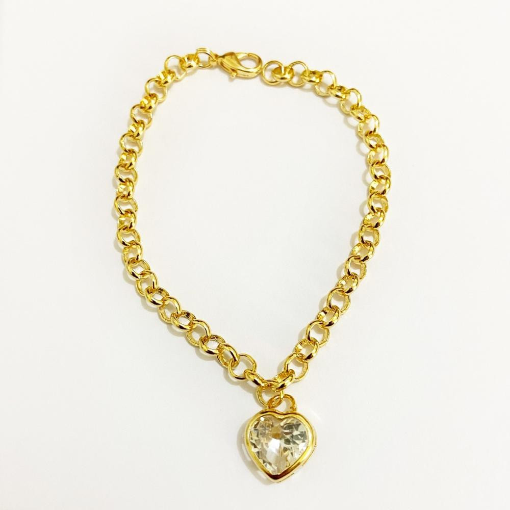 Pulseira elo português com pingente de coração com zircônia cravejada folheado a ouro 18k