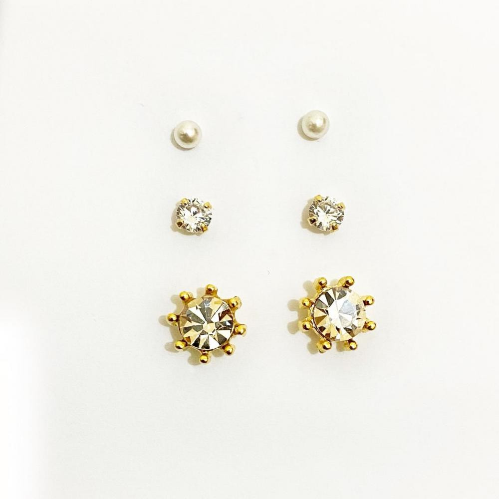  Trio de brinco cravejados folheado a ouro 18k