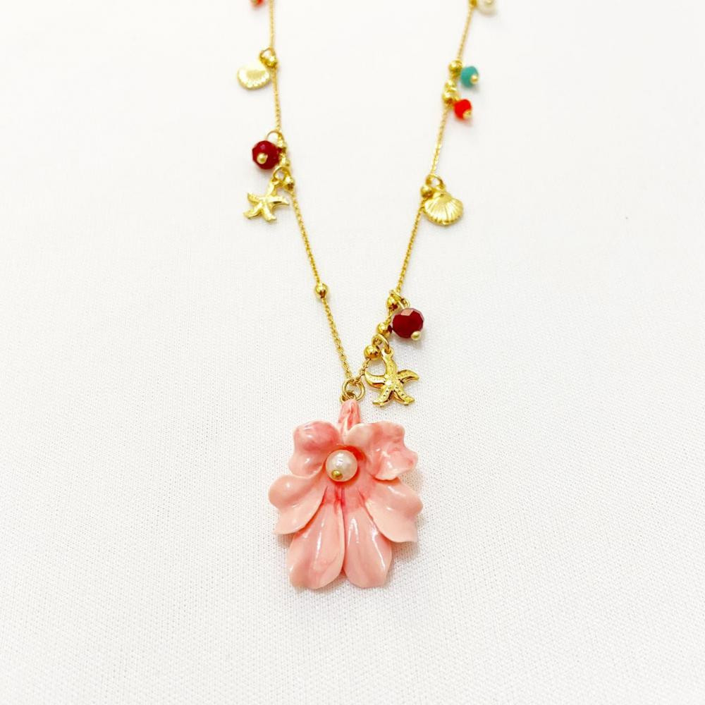 Colar colorido com pingente de flor folheado a ouro 18k 