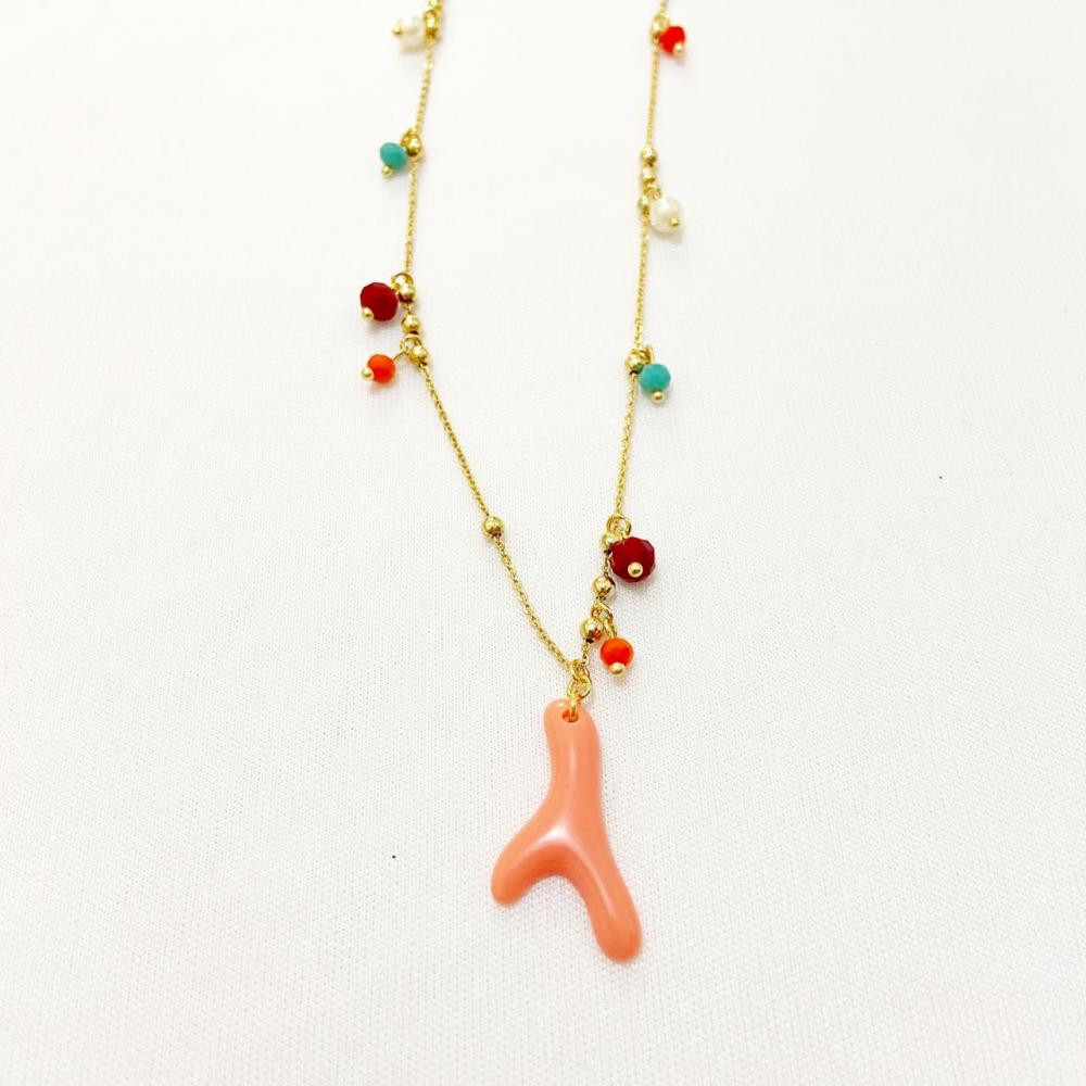 Colar colorido com pingente de coral folheado a ouro 18k 