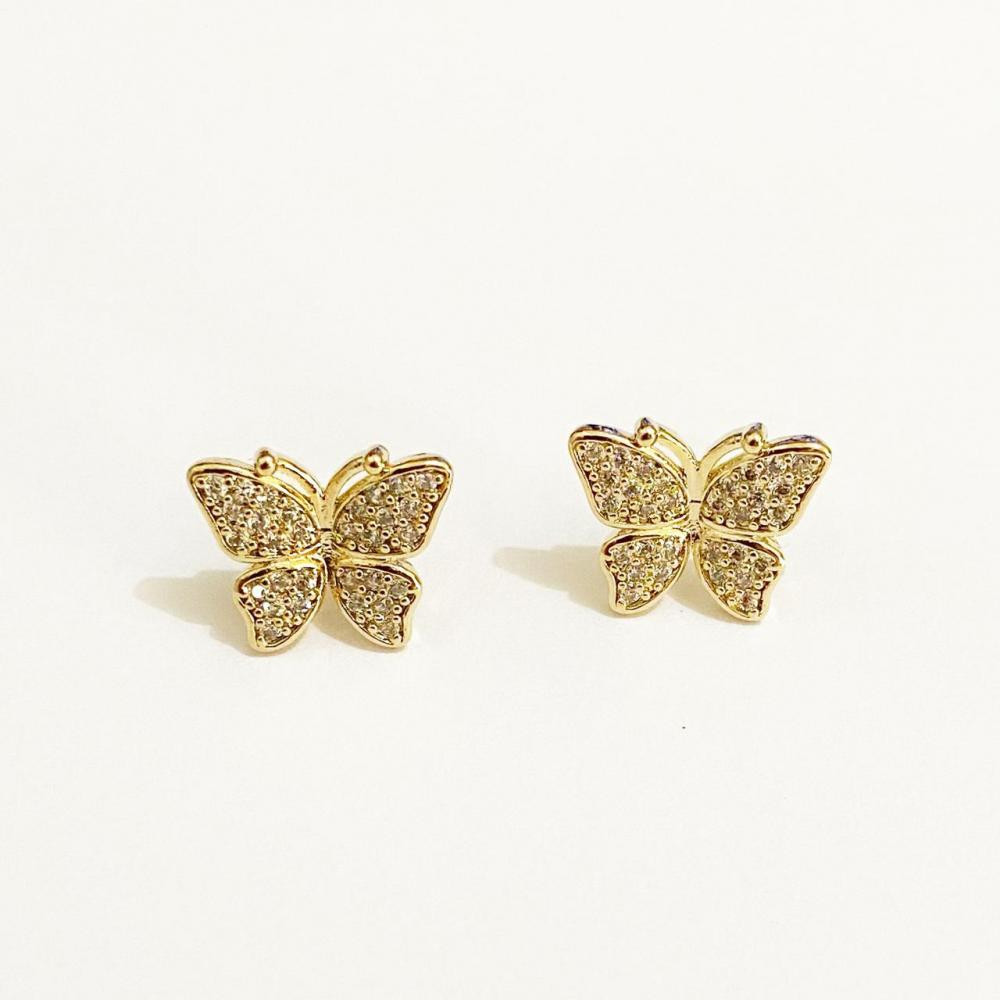 Brinco de borboleta cravejado com zircônia folheado a ouro 18k 