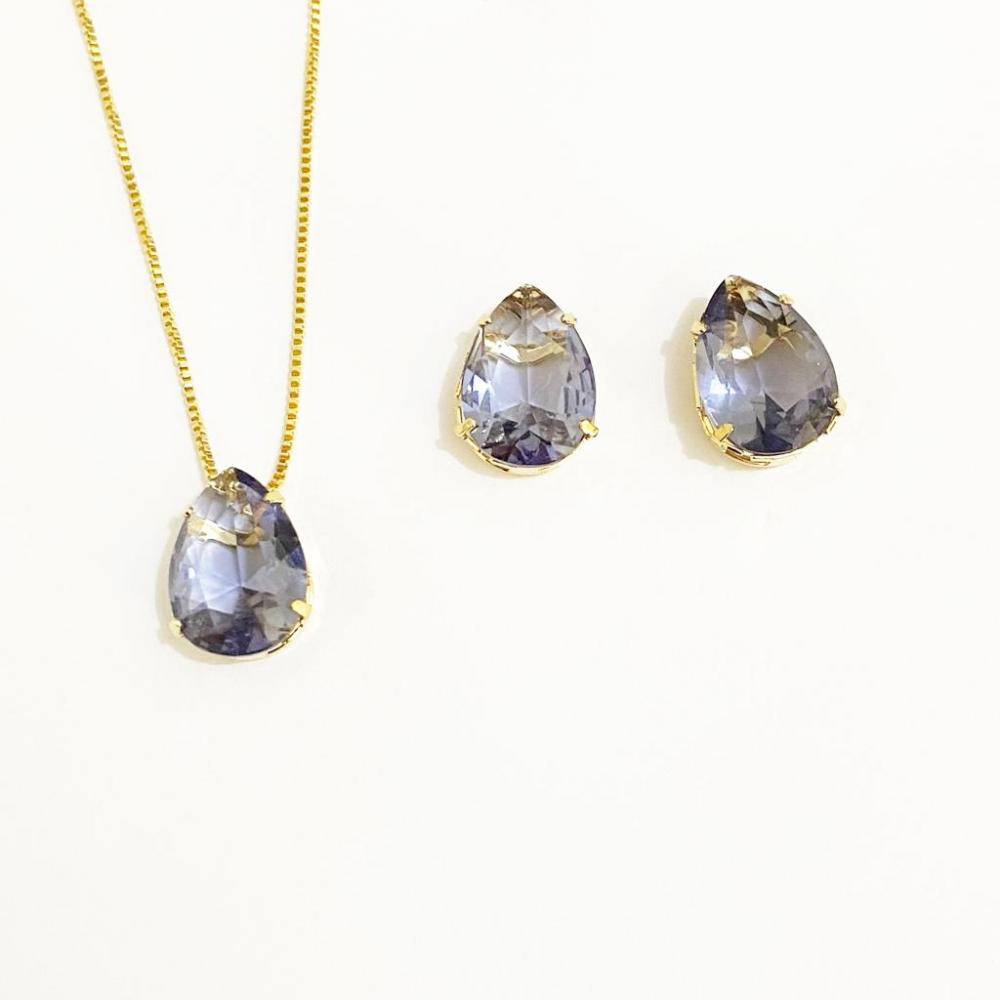 Conjunto de gota na cor roxa folheado a ouro 18k