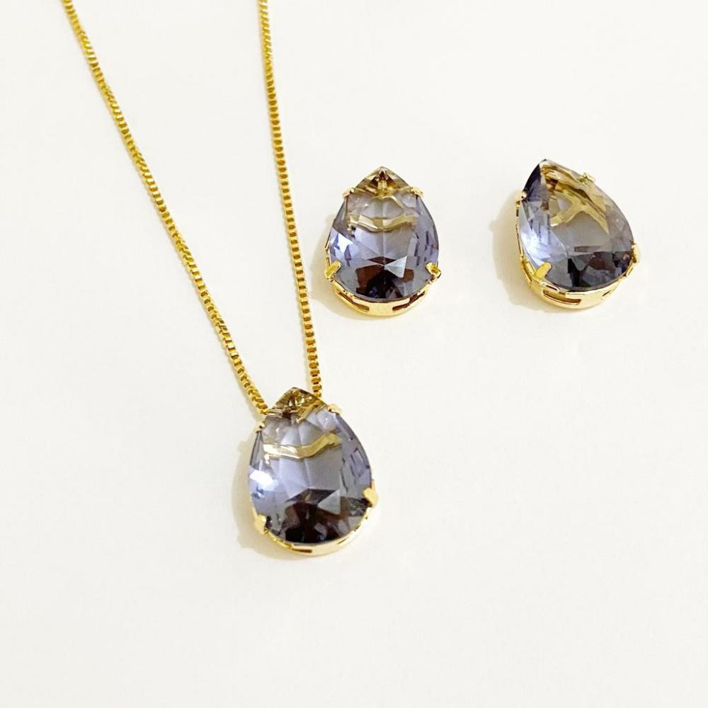 Conjunto de gota na cor roxa folheado a ouro 18k