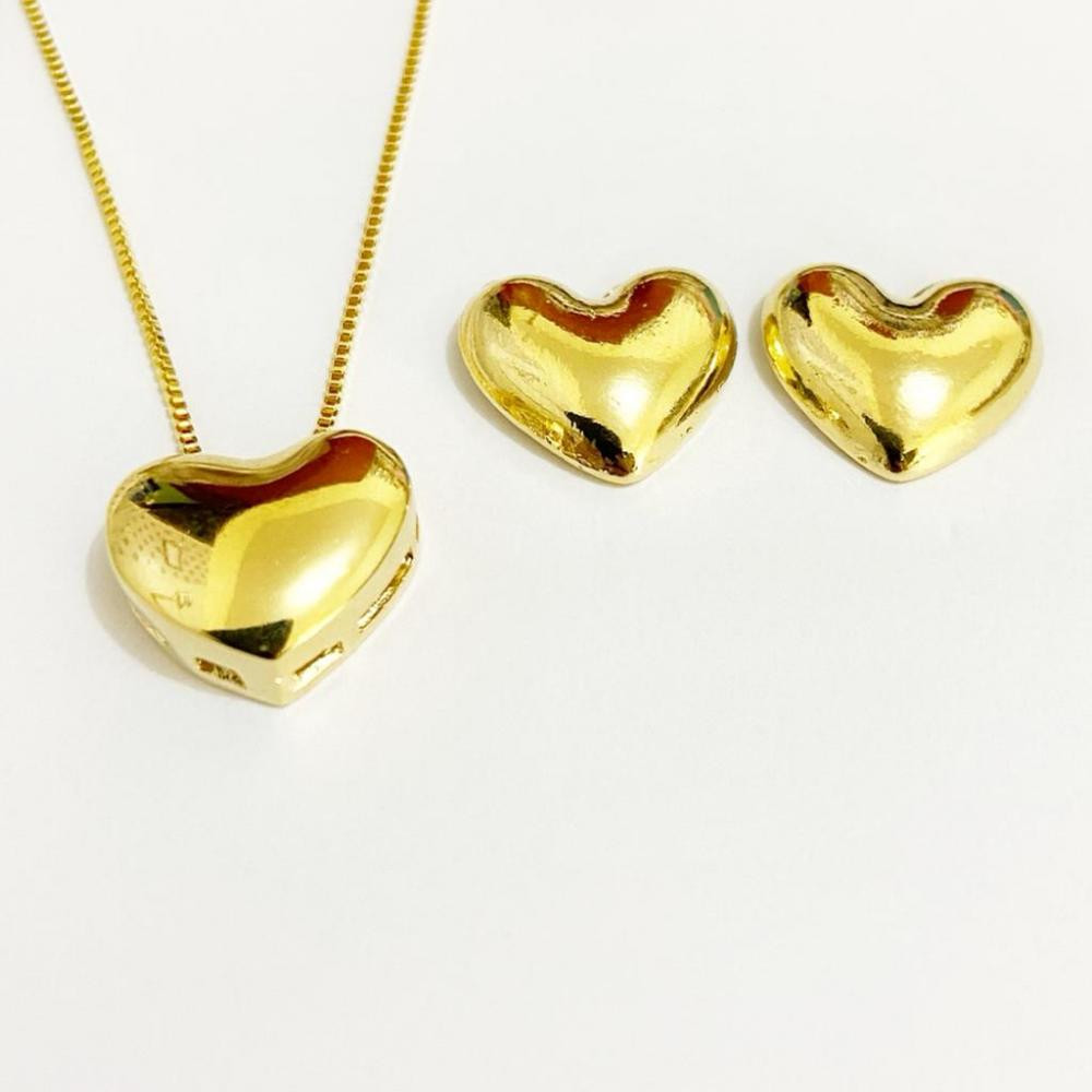 Conjunto de coração liso folheado a ouro 18k 