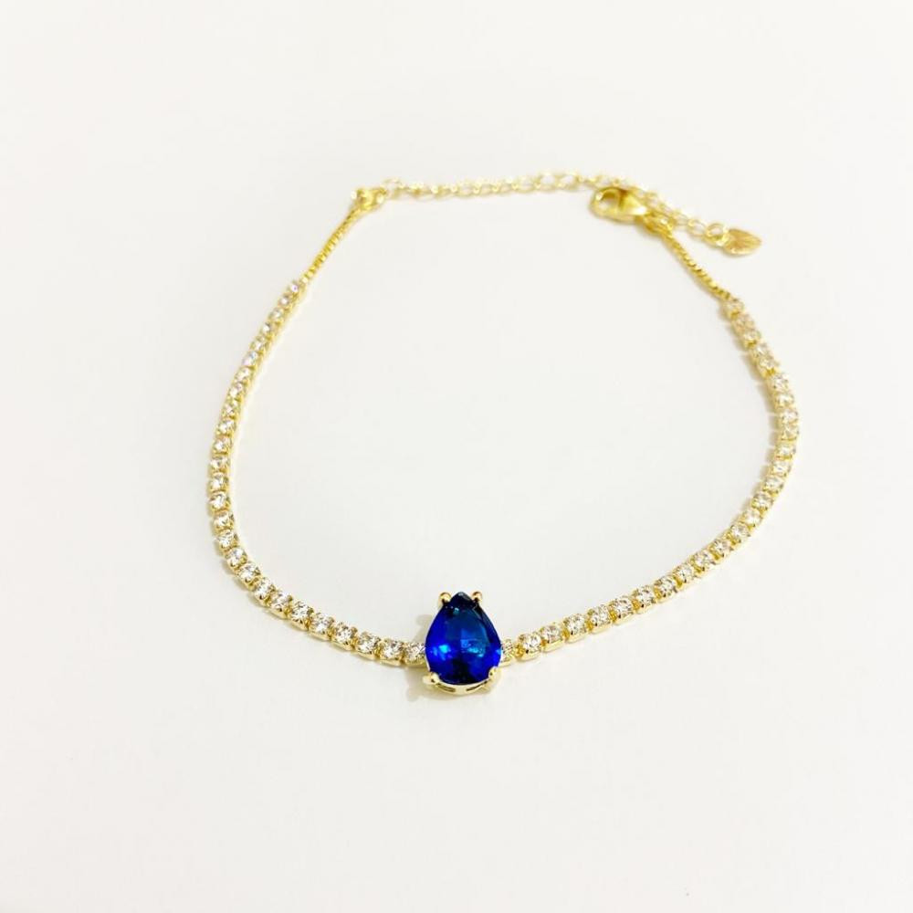Pulseira com corrente de zircônia e pingente de gota na cor azul folheado a ouro 18k 