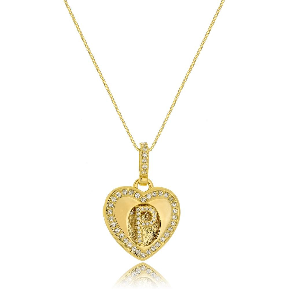 Colar relicário de coração personalizado com letra cravejada banhado a ouro 18k 
