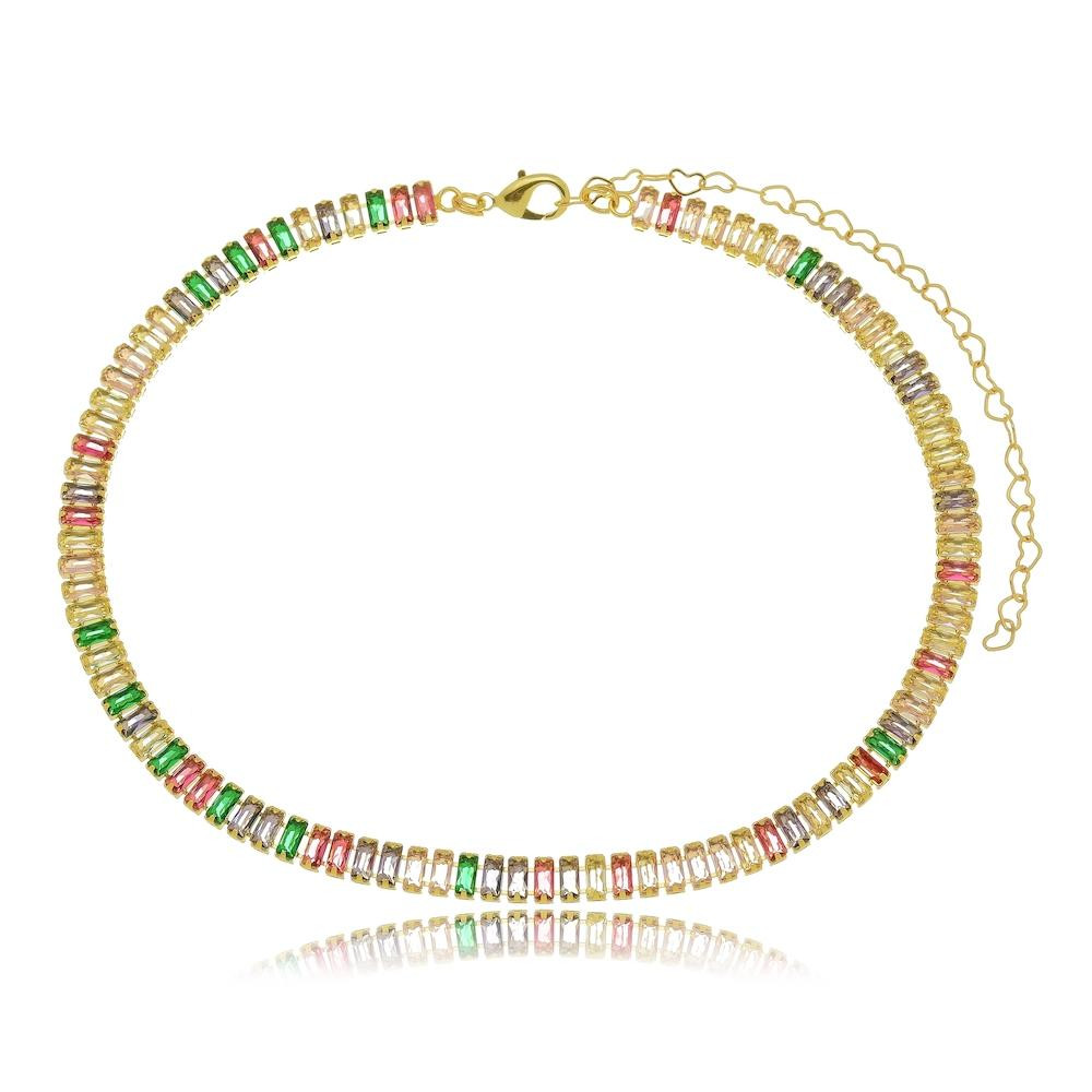 Choker Karla riviera colorida baguete carre banhada a ouro 18k 