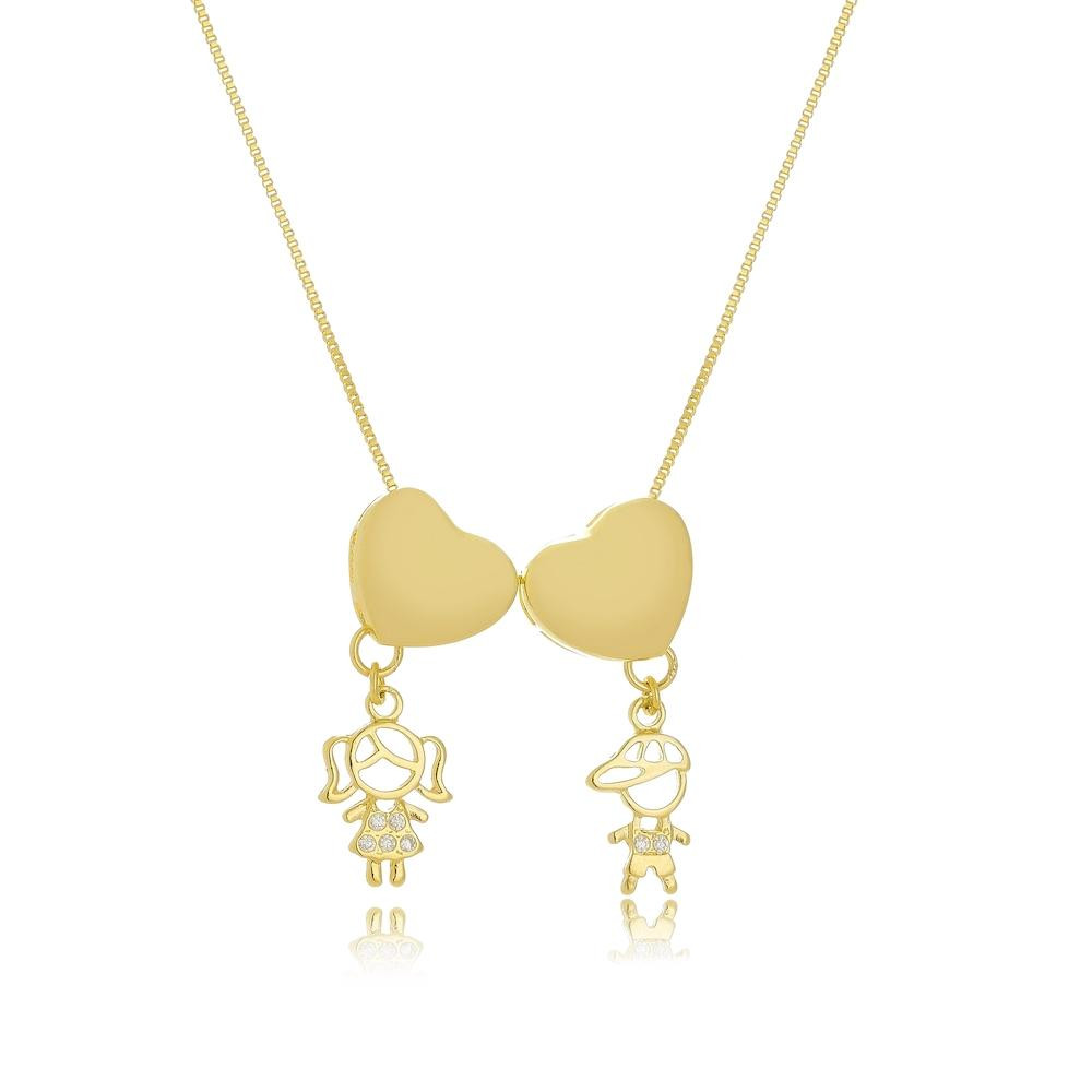Colar dois corações com pingentes banhado a ouro 18k
