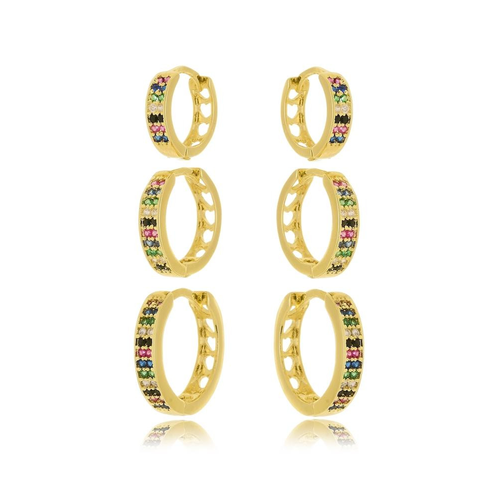 Trio de argolas coloridas folheado a ouro 18k