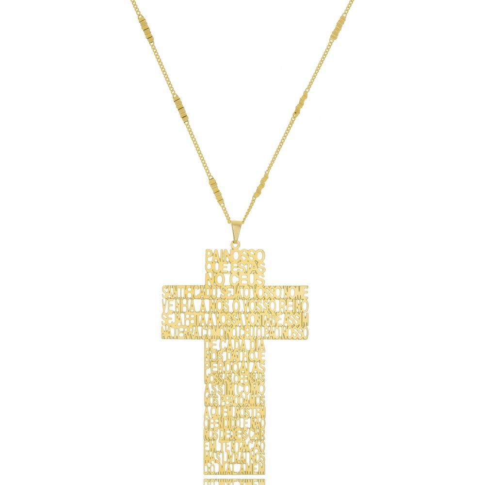 Colar com pingente de cruz e oração do pai nosso banhado a ouro 18k 