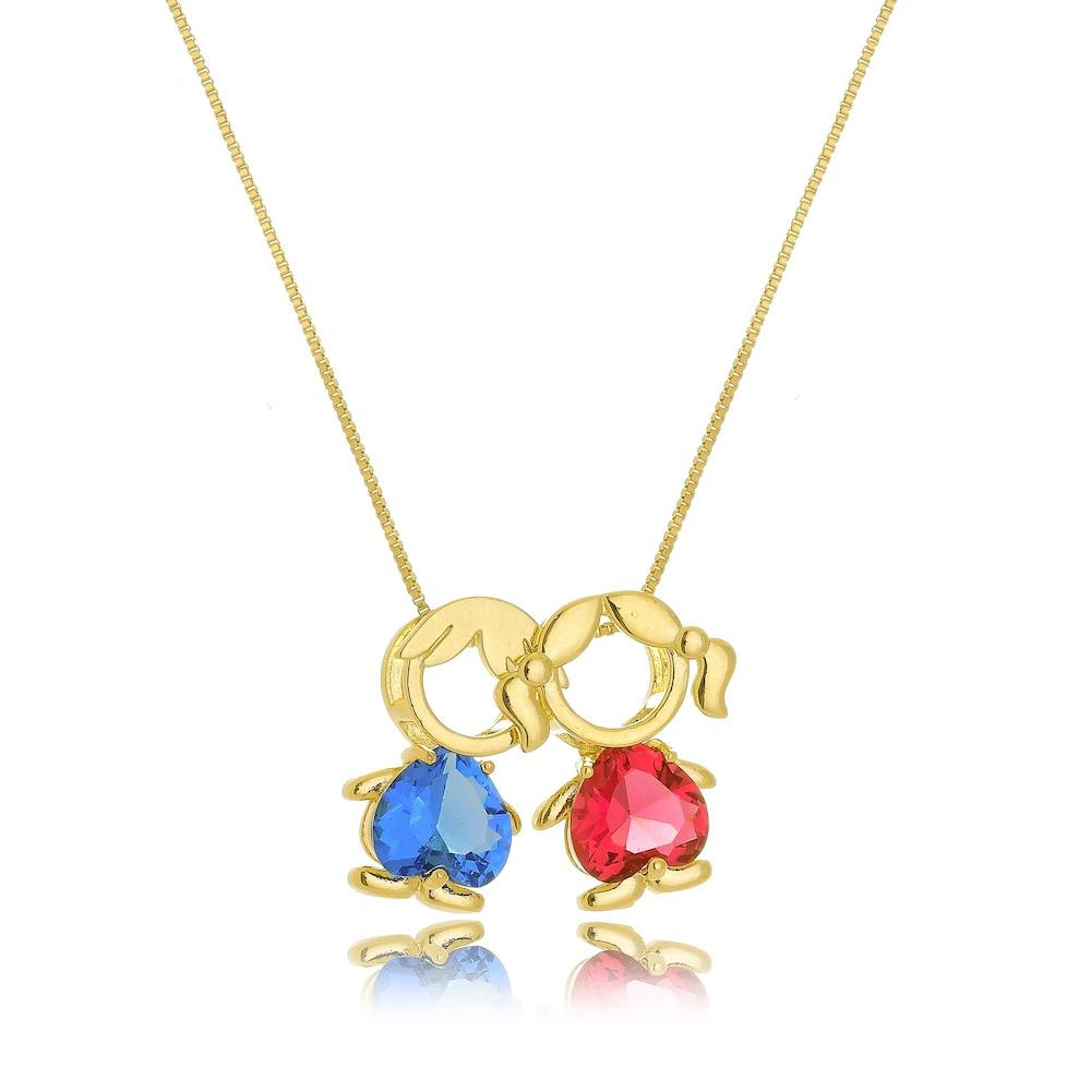 Colar com dois pingentes de zircônia de filhos zircônia banhado  a ouro 18k