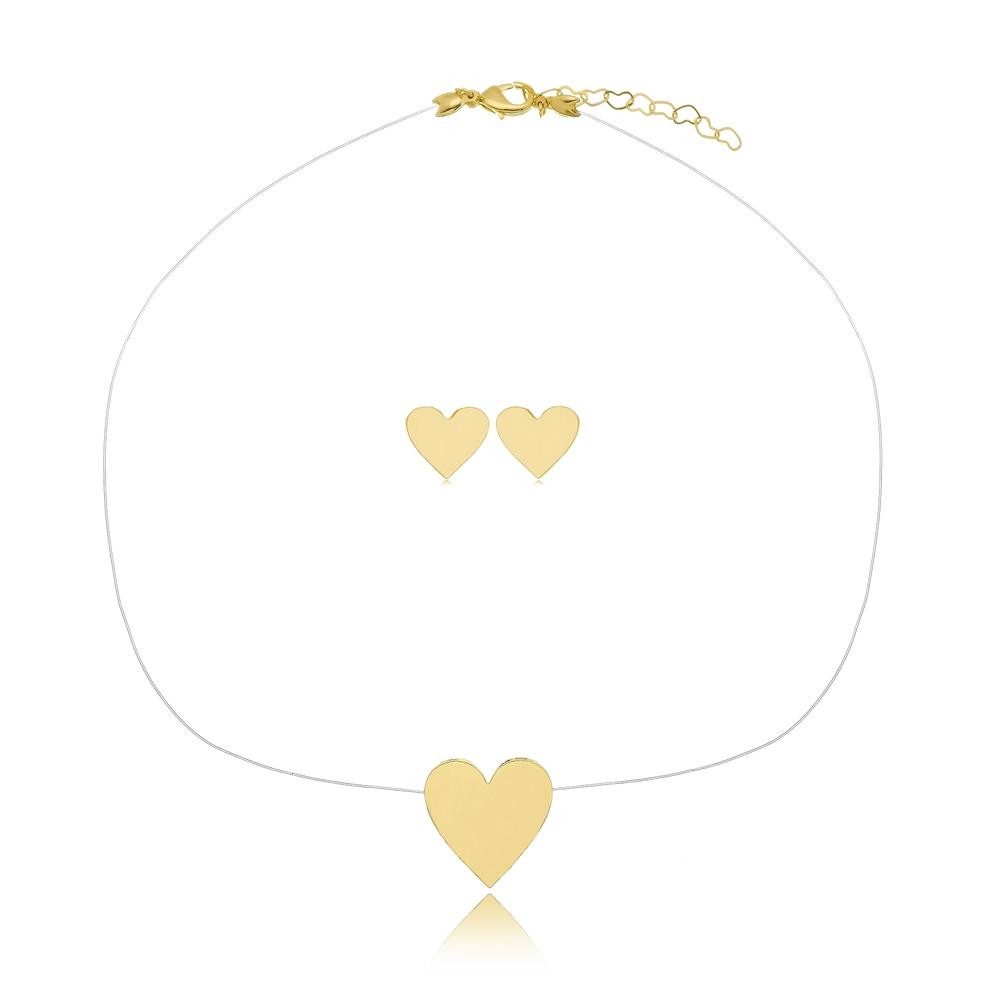 Conjunto de coração com linha invisível banhado a ouro 18k 