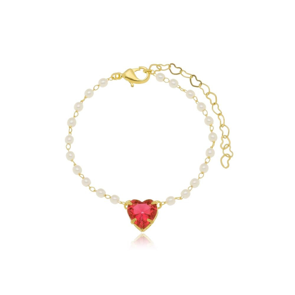 Pulseira Helena com micro pérolas e pingente de coração banhada a ouro 18k