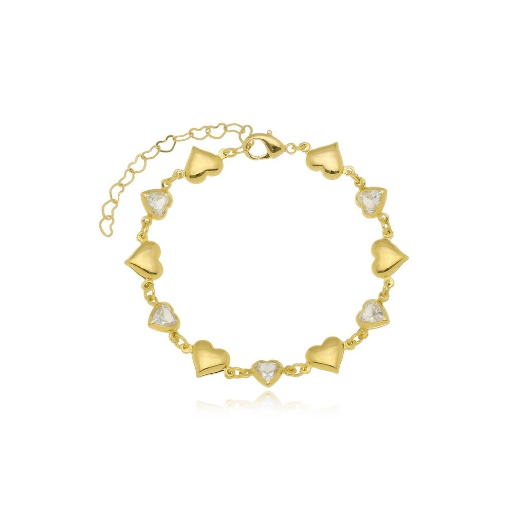 Pulseira de coração liso e cravejado banhado a ouro 18k